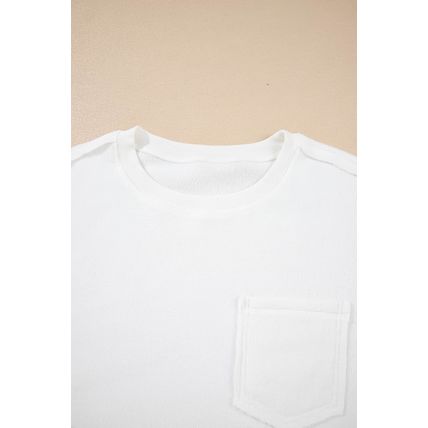 White Exposed Seam Chest Pocket Knit Pullover Sweatshirt