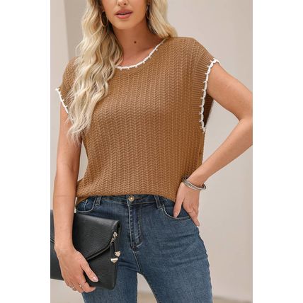 Camel Contrast Trim Boxy Fit Knit Short Sleeve Sweater Top