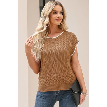 Camel Contrast Trim Boxy Fit Knit Short Sleeve Sweater Top