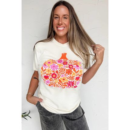 White Floral Pumpkin Cracking Print Thanksgiving Fashion T Shirt