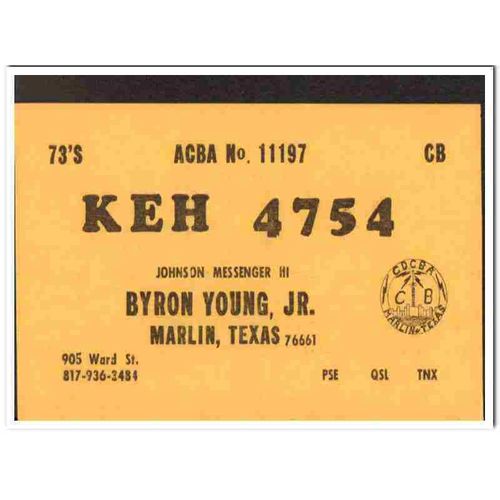 keh-4754 byron young marlin texas 1960s cb radio qsl vintage postcard