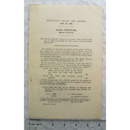 1931 Statutory Rules No. 626 Motor Vehicles, 2-wheel trailer with pneumatic tyre