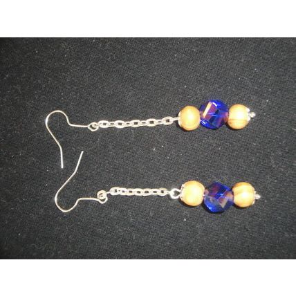 Delightful natural wood & dark blue crystal glass helix long drop swing earrings