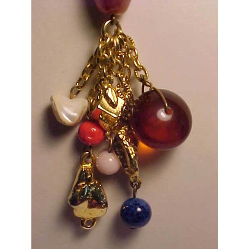 Beaded Necklace Lapis Glass Amber Bead Gold Cable Chain 24"
