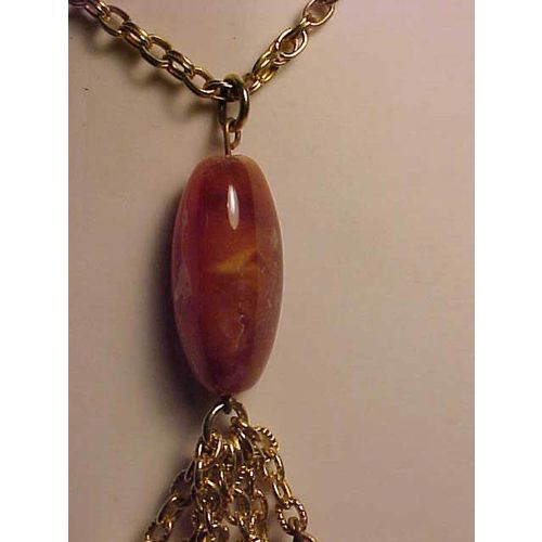 Beaded Necklace Lapis Glass Amber Bead Gold Cable Chain 24"