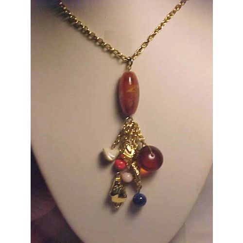 Beaded Necklace Lapis Glass Amber Bead Gold Cable Chain 24"