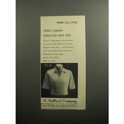 1951 A. Sulka & Company Sport Shirt Ad - Sulka's popular cotton knit sport shirt