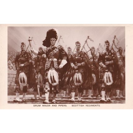 Drum Major & Pipers B.S. & Malyon Military RPC Scottish Postcard
