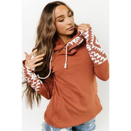 Brown Aztec Print Patchwork Thumb Hole Hoodie