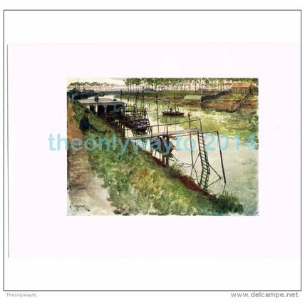 QUAY, EEL BOATS & LANDING STAGES, NIEUPORT, BELGIUM, BOOK ILLUSTRATION, 1906