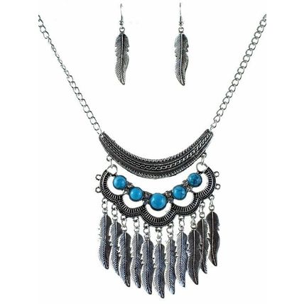 New Silver Feather Bib Statement Chain Necklace & Earring Set Turquoise Beads
