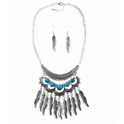 New Silver Feather Bib Statement Chain Necklace & Earring Set Turquoise Beads