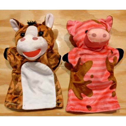 Lot of 2 Animal Hand Puppets Pink Pig & Horse Preschool Toddler Cloth Puppets
