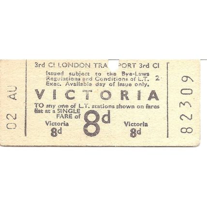 London Transport BMR Machine Ticket - Victoria - 8d.