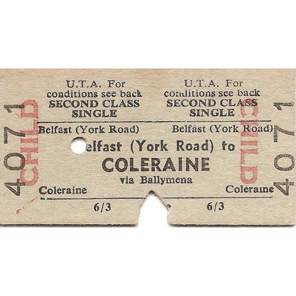 U.T.A. Edmondson Ticket - Belfast York Road to Coleraine via Ballymena