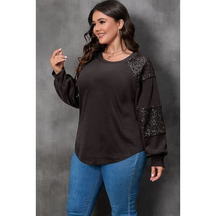 Black Plus Size Sequin Patchwork Crew Neck Long Sleeve Top