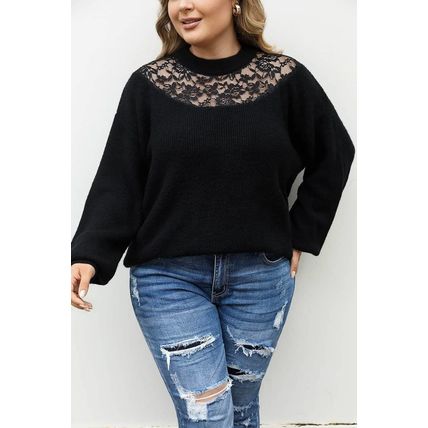 Black Plus Size Ribbed Knit Lace Splicing High Neck Sweater
