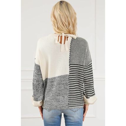 Black Neutral Colorblock Tie Back Sweater