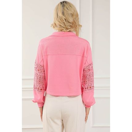 Pink Hollowed Lace Splicing Cropped Sweatshirt