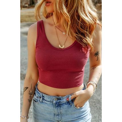 Racing Red Ribbed Knit Sheath Sleeveless Crop Top