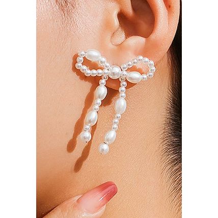 White Pearl Beaded Bowknot Studded Earrings