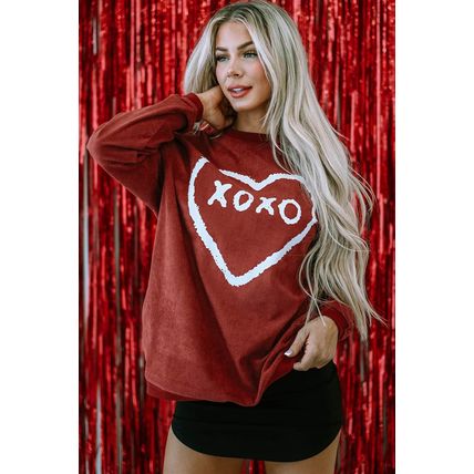 Racing Red XOXO Heart Shape Graphic Corded Sweatshirt