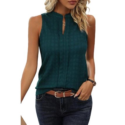 Sea Green Lattice Textured Split Neck Tank Top