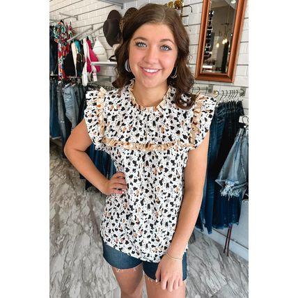 White Frilly Trim Leopard Animal Spots Blouse