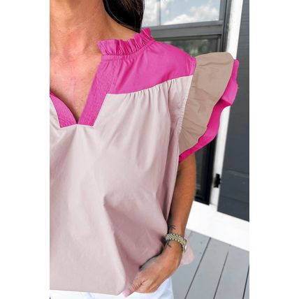 Pink Colorblock Ruffled Sleeve Frill V Neck Blouse