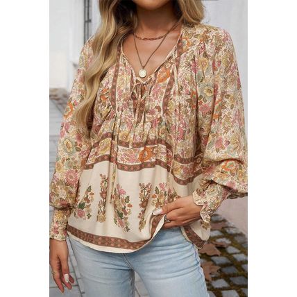 Yellow Floral Print Tie Neck Lantern Sleeve Blouse