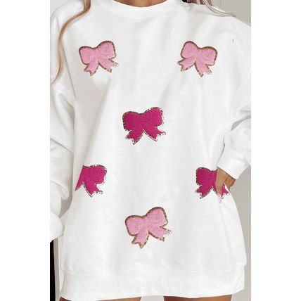White Chenille Bowknot Graphic Drop Shoulder Baggy Sweatshirt