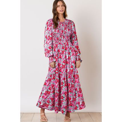 Sky Blue Floral Print Smocked Lantern Sleeve Tiered Maxi Dress