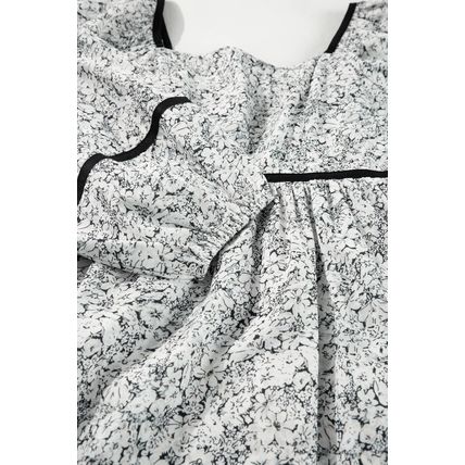 Gray Floral Print Open Back Balloon Sleeve Square Neck Mini Dress