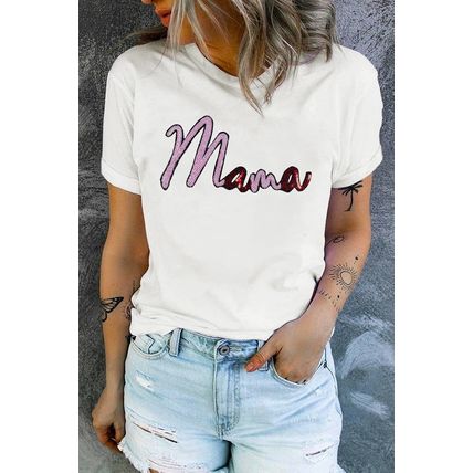 White Sequin mama Graphic Crewneck T Shirt