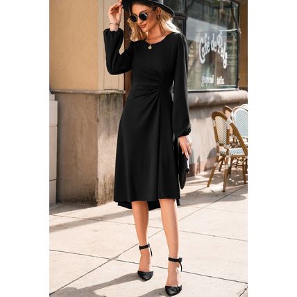 Black Solid Color Ruched Detail Long Sleeve Midi Dress