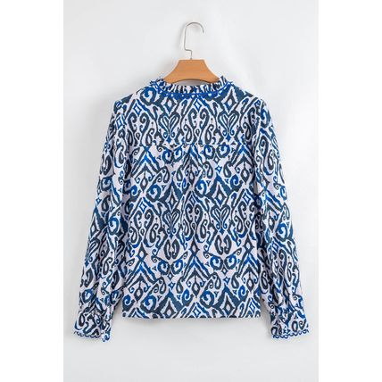 Blue Bohemian Print Embroidered V Neckline Detail Long Sleeve Shirt