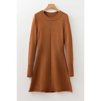 Straw Yellow Ribbed Detail Solid Color Mini Sweater Dress