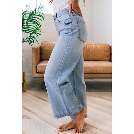 Beau Blue Multi Buttons Pinstripe Wide Leg Jeans