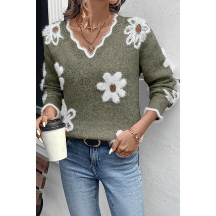 Seagrass Plush Flower Pattern Scalloped Trim V Neck Sweater