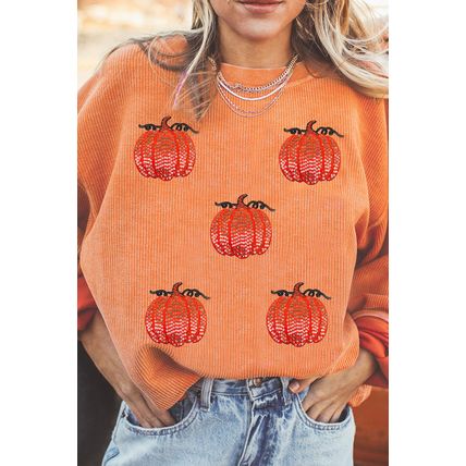 Orange Sequin Pumpkin Patched Twisted Rib Baggy Sweatshirt