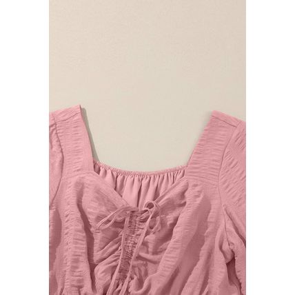 Pink Lace-up Ruched Front Long Sleeve Ruffle Hem Plus Size Midi Dress