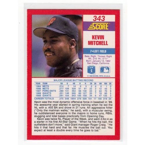 1990 Score Kevin Mitchell baseball card #343 – Giants