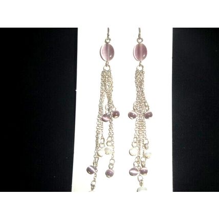Delicate 3.5" base metal chain purple & white cats eye long dangle earrings