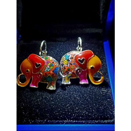 Enamel Elephant Earrings Red Ears, Orange Trunk