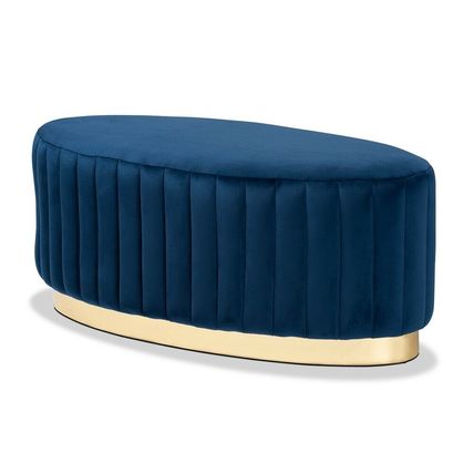 Oval Ottoman Beige Gray Blue Padded Velvet Gold PU Base Glam Luxe Channel Tufted