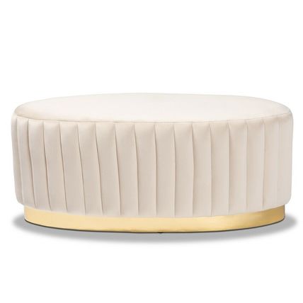 Oval Ottoman Beige Gray Blue Padded Velvet Gold PU Base Glam Luxe Channel Tufted