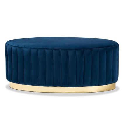 Oval Ottoman Beige Gray Blue Padded Velvet Gold PU Base Glam Luxe Channel Tufted
