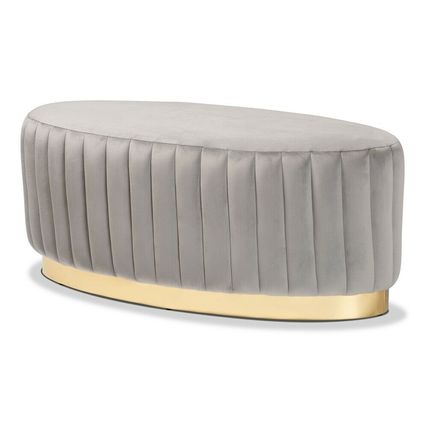 Oval Ottoman Beige Gray Blue Padded Velvet Gold PU Base Glam Luxe Channel Tufted