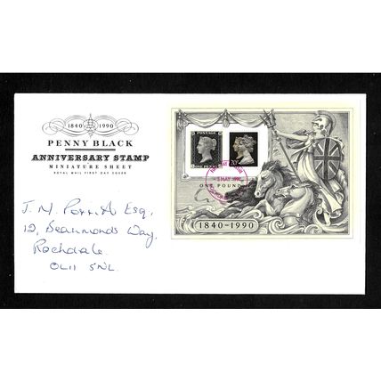 GREAT BRITAIN 1990 1d BLACK ANNIVERSARY STAMP MINIATURE SHEET FIRST DAY COVER