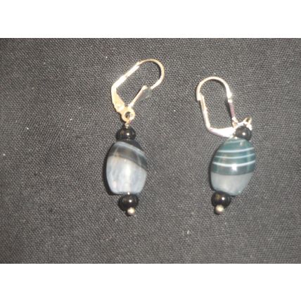 White black grey banded agate barrel leverback earrings
